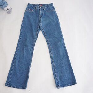 Vintage 90s Tommy Hilfiger Low Rise Flared Straight Leg Blue Denim Jeans 28